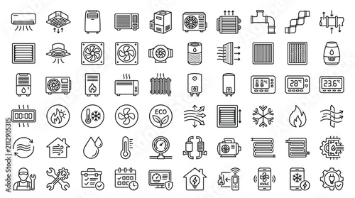 HVAC system icons in a clean line art style for climate control and home comfort applications