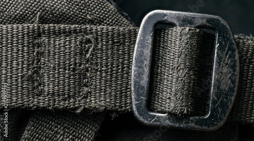 Foto Macro detail of a frayed canvas backpack strap and worn metal buckle