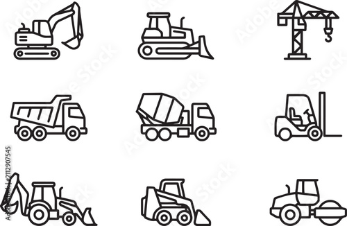 Heavy construction machinery vehicles line icon set vector