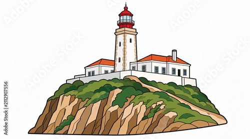 Stylized illustration of a rocky cliff face with green vegetation at the top, on a white background.