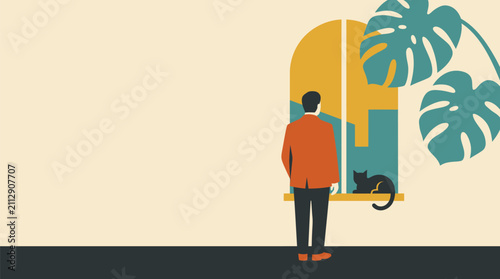 Foto Minimal flat scene of a man at a window beside a black cat and monstera