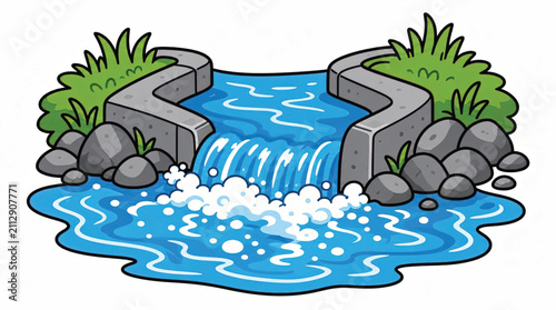 Stylized illustration of a shallow stream flowing over pebbles, with white highlights and a black outline.