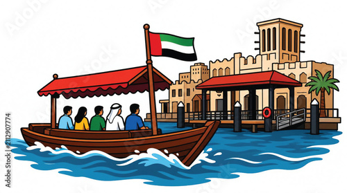 Stylized illustration of a traditional boat with people sailing through blue water waves, flat design with bold outlines and vibrant colors.
