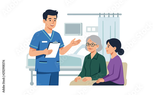 Nurse Consulting with Patient in Hospital Room Vector Illustration