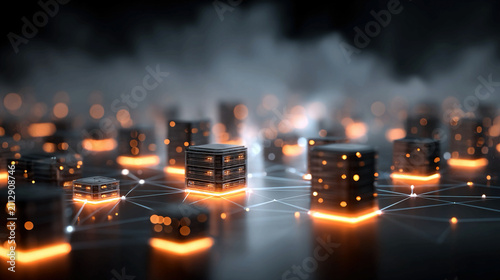 Dynamic cloud infrastructure illustration featuring multi-tenant cloud servers glowing network links secure encryption shields synchronized data streams digital interfaces and global connection point