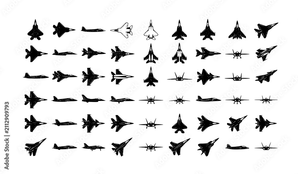 Fototapeta premium Black and White Fighter Jet Silhouette Vector Set with Military Aircraft Aviation Collection