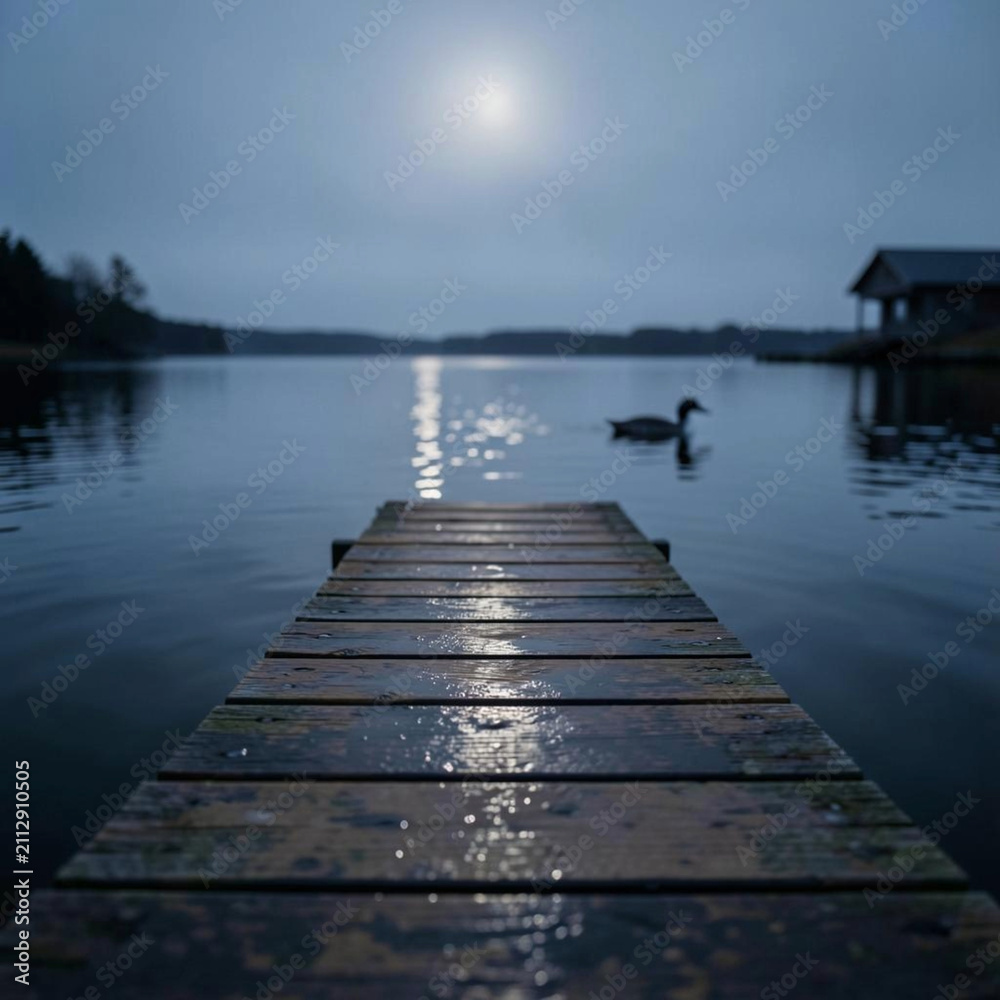 Obraz premium Wooden Dock Leading to Calm Lake at Dusk with Duck and Glowing Moon Reflection