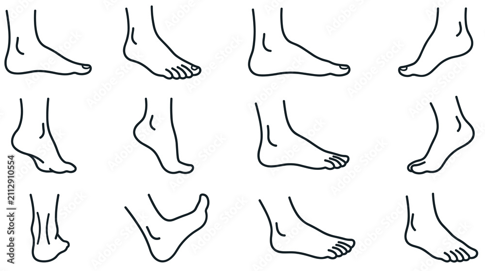 Fototapeta premium Collection of various human foot poses line drawing vector illustration set.