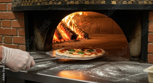 Pizza baking in brick oven chef holding peel with fresh food preparation scene