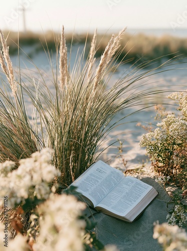 Open Bible on a sandy beach. Holy scripture book resting in coastal dunes at sunset.