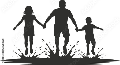 Silhouette of three adults running on a grassy field in black and white