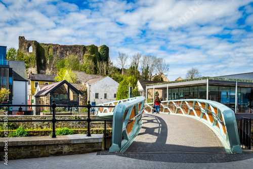 Photography Riverside Footbridge ridge, Library and Castle, Haverfordwest, Pembrokeshire, UK - the footbridge is famous in the town for influencer photography