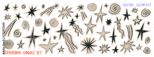 Vintage scrapbook stars stickers and swirls paper scraps. Cute crayon star doodle vector sticker set for social planners, notes and diary. Journal or magazine scrapbook collage design clipart.