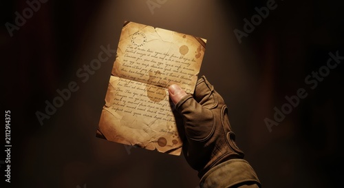 Close-up of a hand in a leather glove holding an old, weathered, handwritten letter with a dark, mysterious background