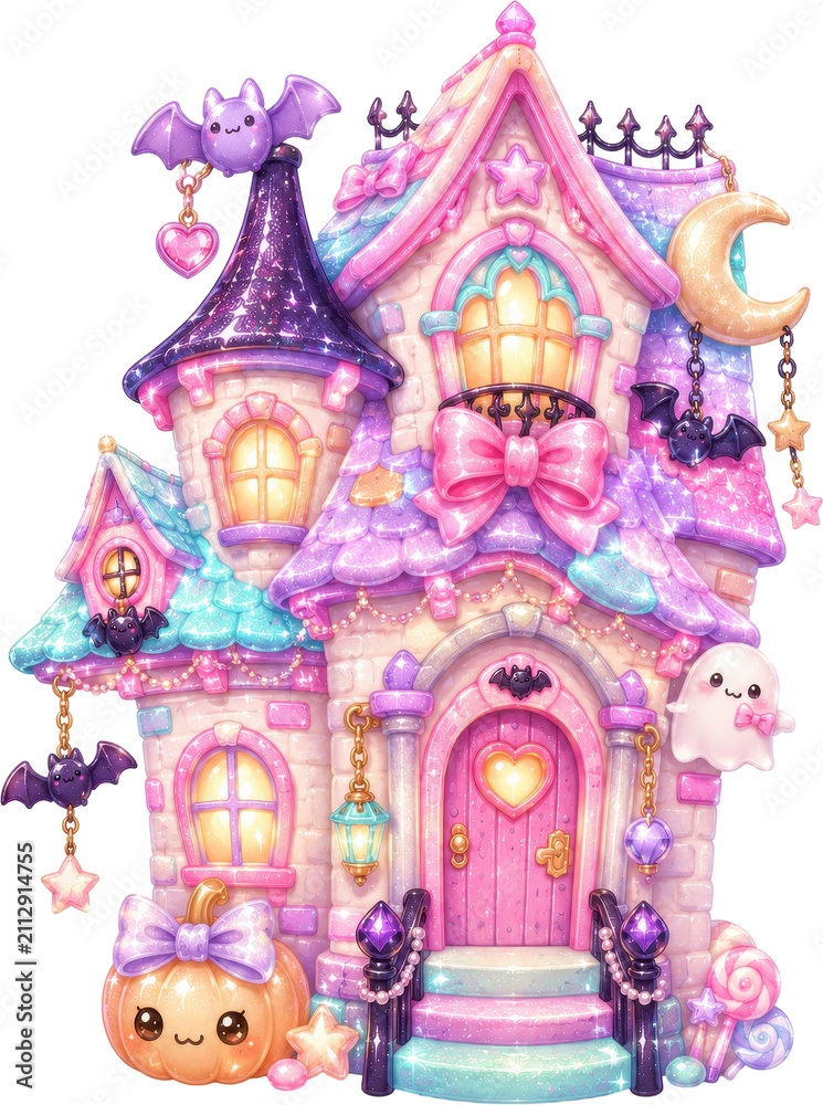 Fototapeta premium A whimsical pink and purple haunted house decorated with bats ghosts and candy