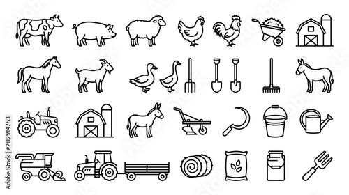 Fotografía Farm Animals and Equipment Line Art Icons