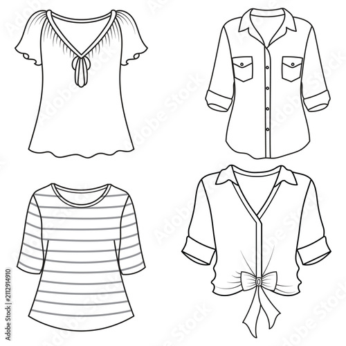 Collection of women's clothing technical sketches showing various styles black and white line art illustration for fashion design. Elegant woman, fashion illustration, line art, puffy sleeve dress, 