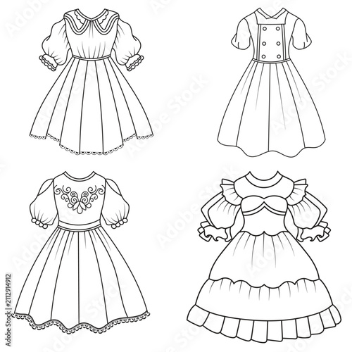 Collection of women's clothing technical sketches showing various styles black and white line art illustration for fashion design. Elegant woman, fashion illustration, line art, puffy sleeve dress, 