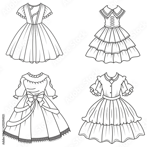 Collection of women's clothing technical sketches showing various styles black and white line art illustration for fashion design. Elegant woman, fashion illustration, line art, puffy sleeve dress, 