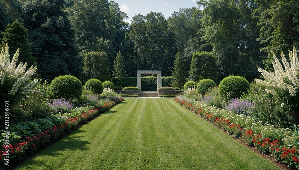 Obraz premium Formal garden landscape with stone archway. Beautiful park path with lush flower beds.