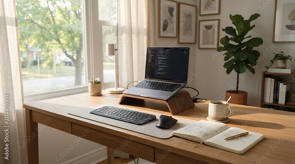 Fototapeta premium Minimalist home office desk with laptop and natural light.