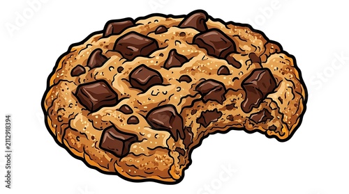 Delicious freshly baked golden brown chocolate chip cookie with a missing bite illustrated in a cartoon style on white background