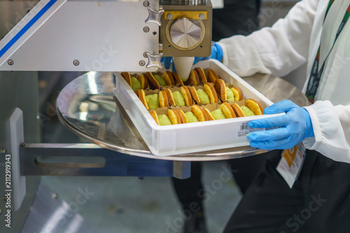Worker in Blue Gloves Holding Tray of Matcha Pastries at Food Machine