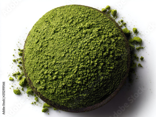 Round ball of green matcha powder on white background, showcasing its vibrant color and fine texture