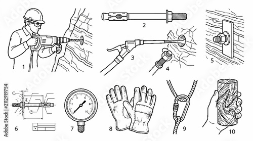 Technical illustration showing the step by step process of installing rock bolts and anchors for construction and climbing safety.