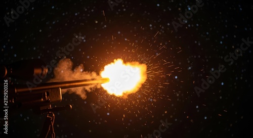 Sniper rifle muzzle flash exploding with bright light and smoke against a starry night sky, symbolizing action and power.