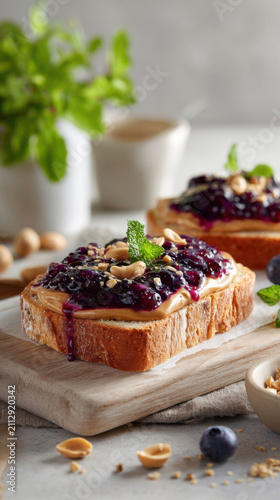 Peanut butter and blueberry jam toast topped with peanuts and mint on wooden board. Fresh blueberries and plant in background
