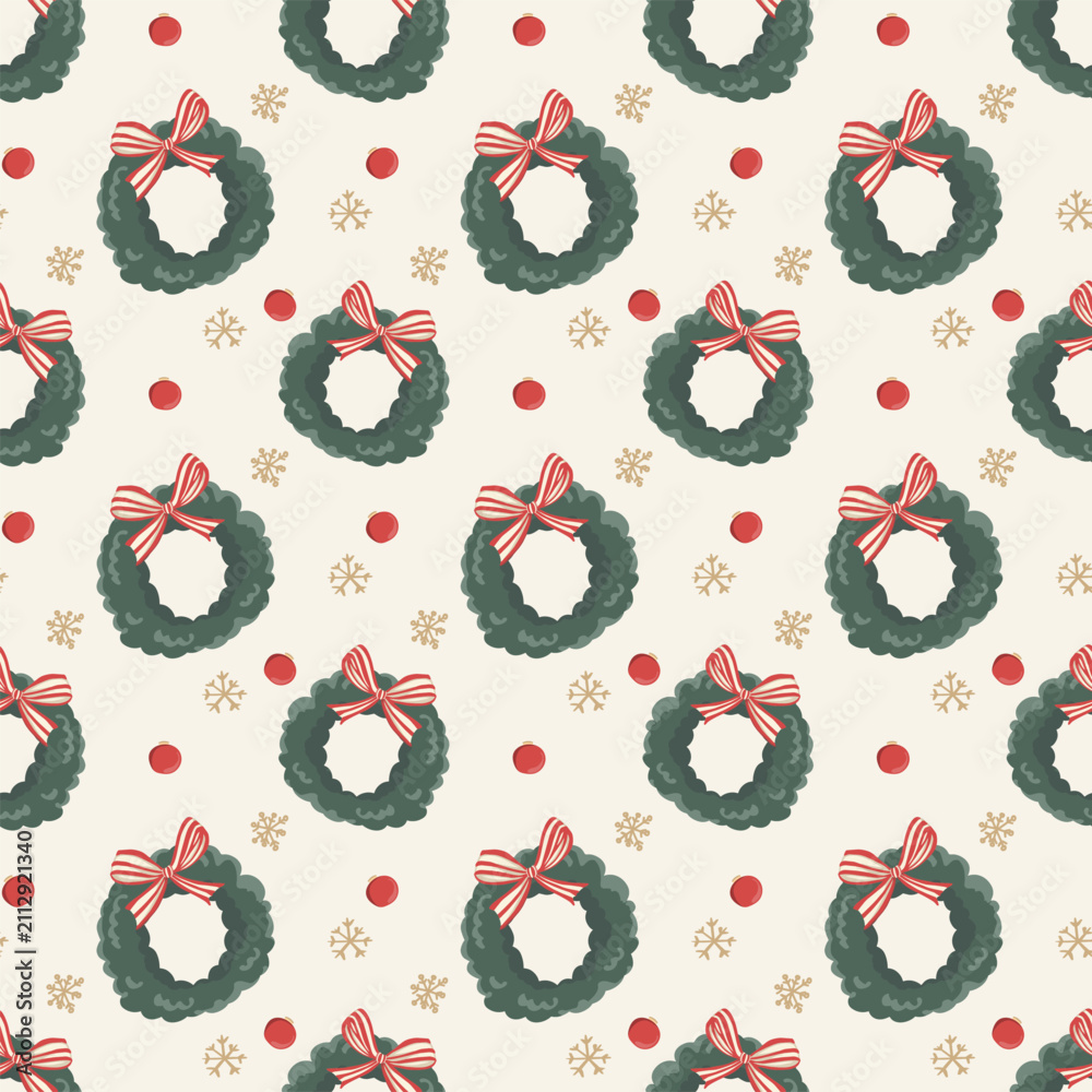 Obraz premium Cute Christmas seamless pattern. Festive winter background featuring sketchy Christmas trees, wreaths, snowflakes, and red ribbons on a cream backdrop. Vector illustration.