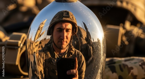 Soldier in full gear reflected in a chrome sphere, holding a mobile device, with military equipment in background at sunset