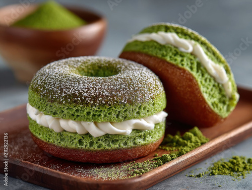 Green matcha donuts filled with cream are beautifully presented on wooden tray, dusted with powdered sugar
