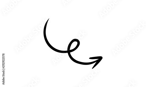 Hand drawn curved black arrow with loop pointing down right isolated on transparent background