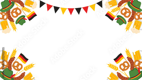Decorative Oktoberfest food and beer corner frame with pretzels.