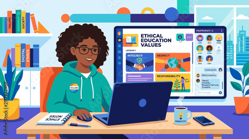 Young Black Woman Studying Ethical Education Values Online with Laptop and Interactive E-learning Dashboard Vector Illustration