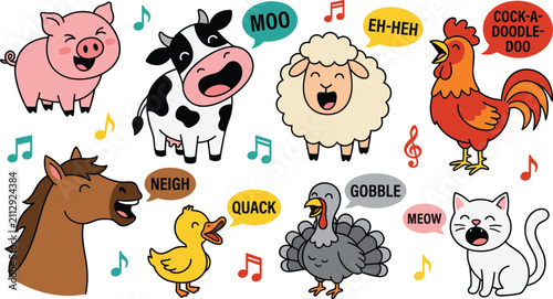 Obraz na płótnie Cute Cartoon Farm Animals Making Noises Vector Collection Featuring Cow, Sheep,