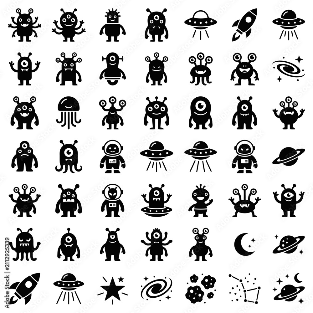 Obraz premium Set of cartoonish aliens, rockets and spaceships, universe icons