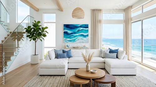 Modern luxury living room with ocean view and blue art