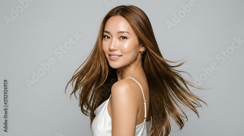 Beautiful young asian woman with long healthy hair smiling