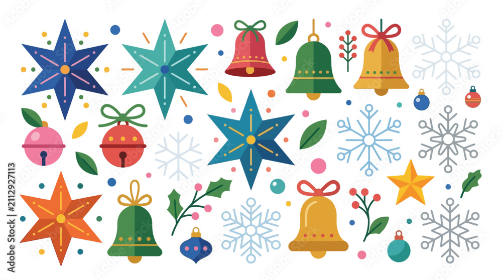 Fototapeta premium Christmas icons consisting of stars, bells, snowflakes, and festive foliage are arranged on a light background.