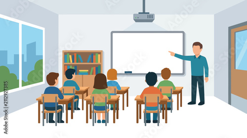 Male Teacher Teaching Students in a Bright Modern Classroom