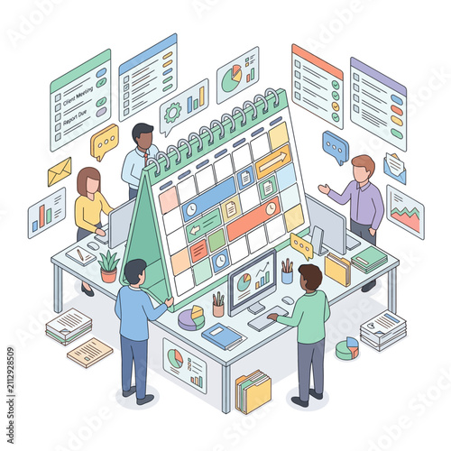 Teamwork and planning for business success with calendar and charts