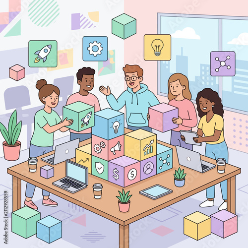 Teamwork building blocks concept illustration