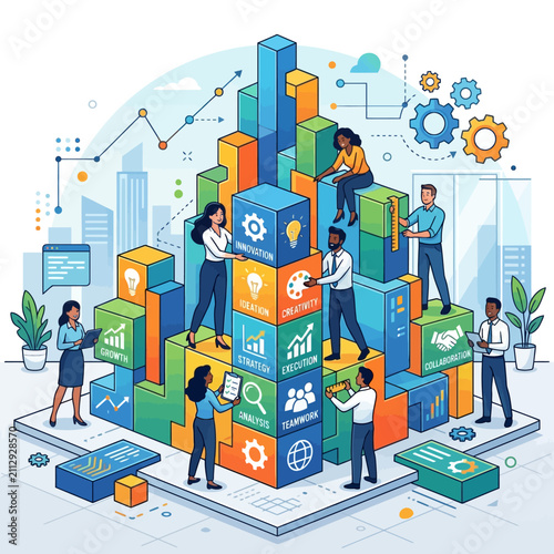 Teamwork Building Success: Colorful Illustration of Business Collaboration