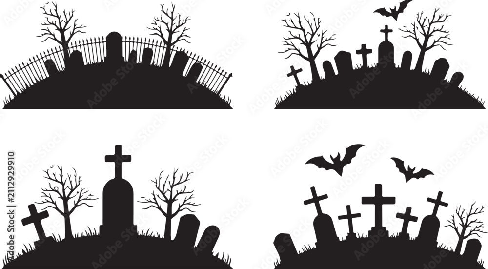 Fototapeta premium Set of spooky cemetery silhouettes with tombstones, creepy dead trees, bats, and crosses isolated on white background for Halloween vector design
