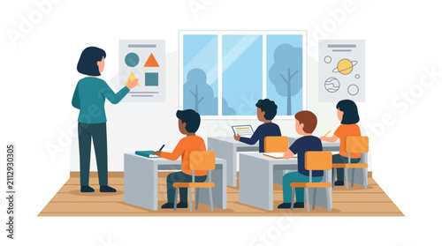 Teacher teaching diverse students in a modern flat classroom