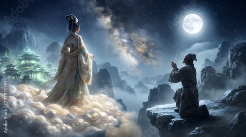Mortal Man Kneeling Before a Celestial Goddess Under a Starry Sky