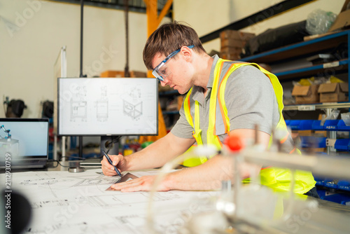 Engineer reviewing blueprints in workshop Industrial designer working on technical plans.